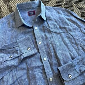 Untuckit 100% LINEN Button Down Shirt XL‎ Blue Short Sleeve Collared Houndstooth